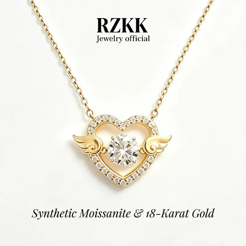 【#24-Unique heart&angel wing】18K Solid Gold Heart Angel Wing Moissanite Necklace, D VVS Round Center Stone Halo Heart Pendant, Romantic Love Fine Jewelry Gift For Women Lover Wedding Anniversary