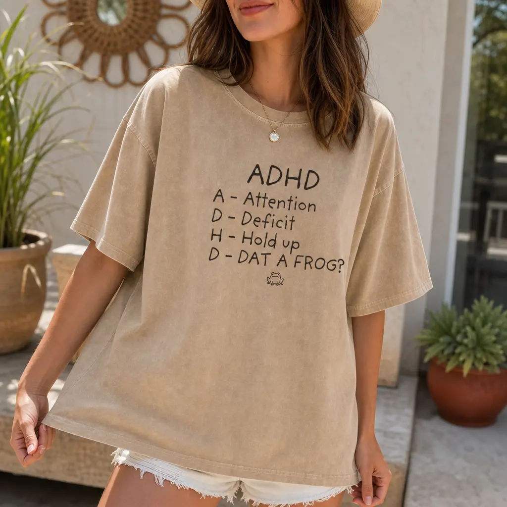 ADHD Frog Humor Graphic Tee for Women, Washed Cotton Oversized Neurodivergent Shirt S-5XL