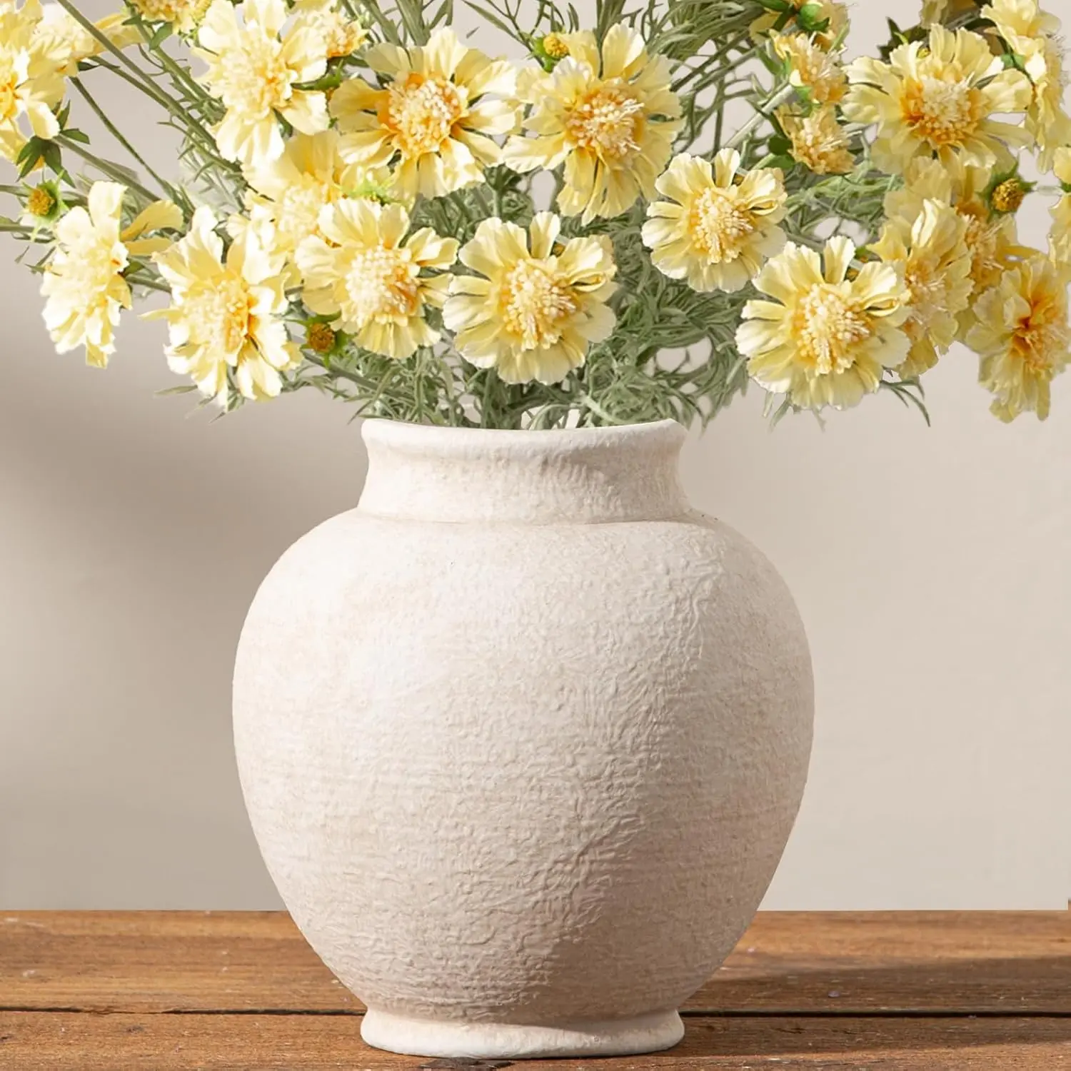 Ceramic Flower Vase, Flower Vase White Rustic Farmhouse Decorative Vase Floral Pottery Vases for Home Decor Table Living Room Entryway Mantel Bookshelf Bedroom Bathroom Kitchen - 6.7 Inch White