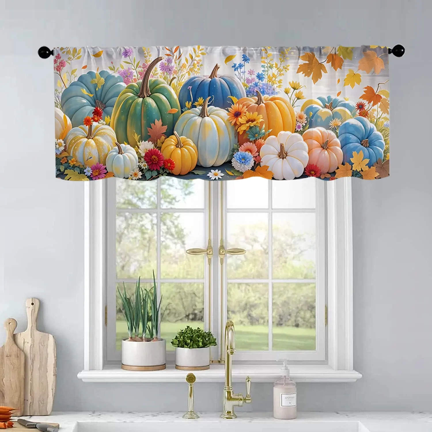 1 Pc Autumn Colored Pumpkin Maple Leaf Flowers Autumn Thanksgiving Watercolor Painting Abstract Printing Kitchen Curtains Valance Living Room Bedroom Bathroom Home Decor Window Curtain 54x18 Inch