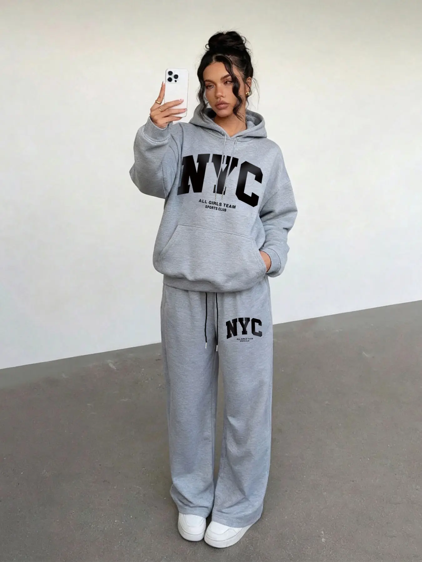 Women's Casual Loose Two-Piece Set with Long Sleeve Hooded Sweatshirt and Printed Pants, Ideal Fall and Winter, Trendy Letter Print Style, Womenswear