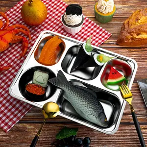 4pcs Deep Stainless Steel Divided Plates, Rectangular Portion Control Dishes with 5 Compartments, Ideal for Lunch Dinner Camping