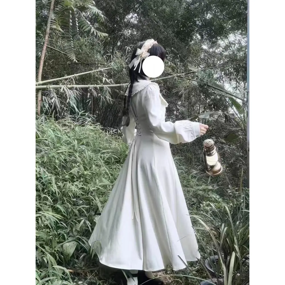 Autumn Vintage White Long Sleeve Dress Women Design Hepburn Gothic Bow Slim Dresses Female High Street Japanese Sweet Clothing