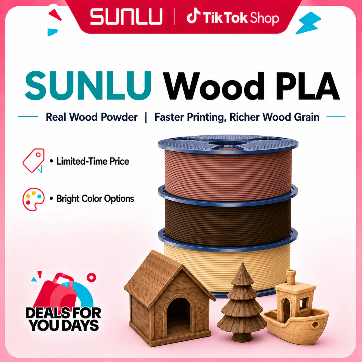 SUNLU Wood PLA 3D Printer Filament - 1KG Plant Starch, Smooth Flow, Real Wood Texture, Woody Fragrance, Eco-Friendly, Compatible with Most FDM 3D Printers, Ideal for Wooden Decorations, Custom Art, Fathersdaygift-3617