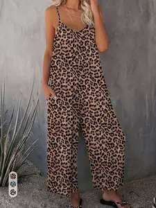 Women’s Leopard Print Jumpsuit, Loose Spaghetti Strap, Wide Leg Romper with Pockets, Stylish and Comfortable, Perfect for Casual Wear