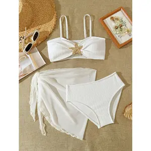 Three-Piece Swimsuits for Girls Featuring a Solid Color Rib Knit Design, High Stretch Material, And Adjustable Shoulder Straps, Suitable for Beach Outings, Vacations, And Holidays for Children Aged 7 to 16