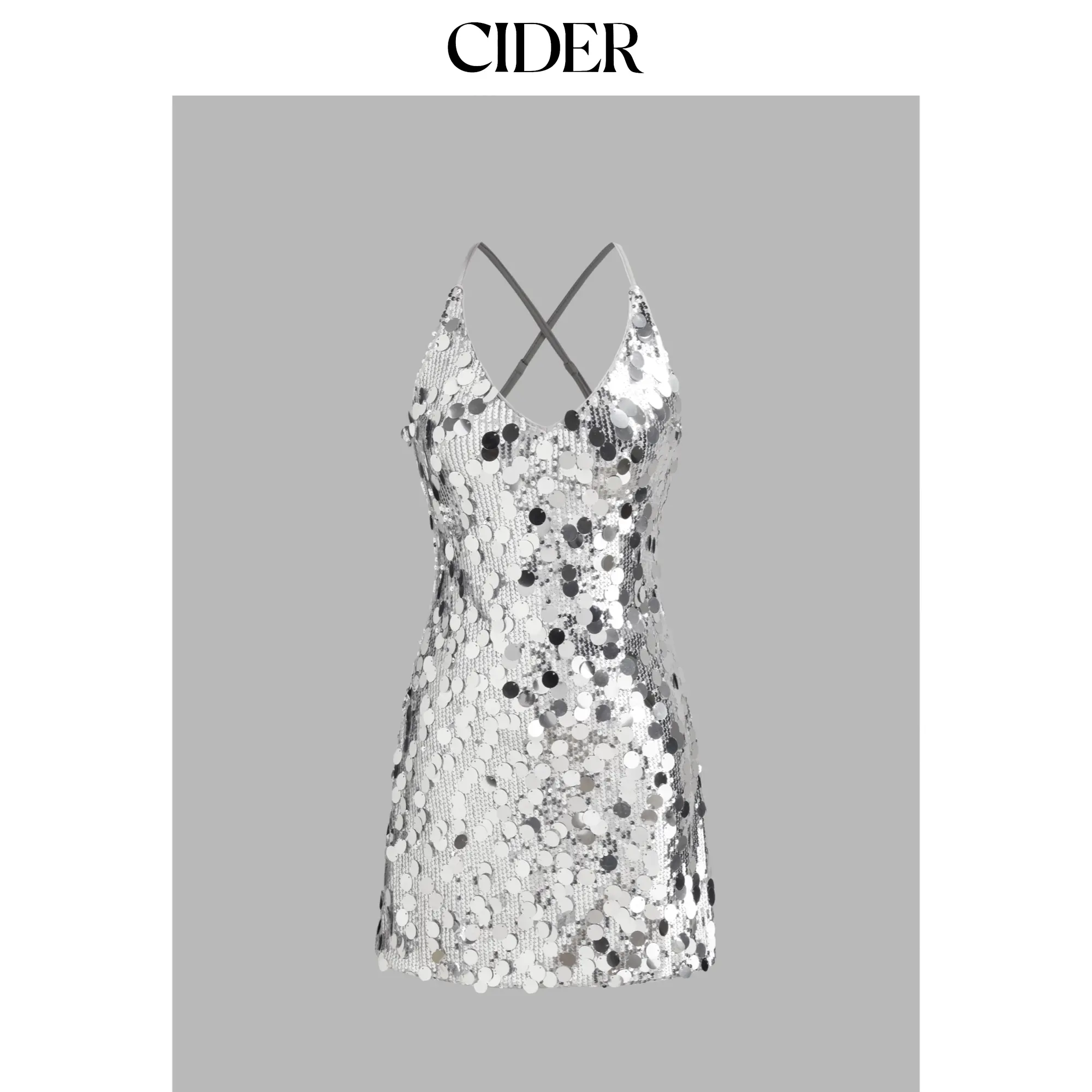 Cider Women's Sparkly Sequin Mini Dress - Elegant Chic Scoop Neck Criss Cross Back Above the Knee Party Dress, Sleeveless, Above Knee