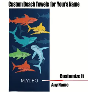 Kids Personalized Bath/Beach Towel Custom with Your Name for Pool Vacation Spring Break Camp Cruise, Super Strong Absorbent, Microfiber, 30 In x 60 In, Colorful Sharks