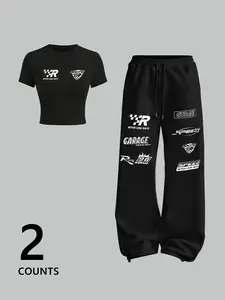 Women's Crop Top & Long Pants Set, Casual Fashion Streetwear, Comfortable Daily Wear, Spring & Fall, Outfit