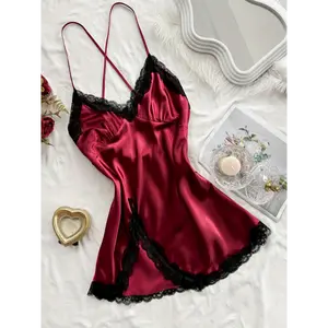 [Sexy Nightgown] 100% Polyester Women's Sexy V-Neck Slip Nightgown - All-Season Lace Trim Sleeveless Sleep Dress, Solid Color, Woven Fabric, 90 gsm - Perfect Valentine's Day Gift