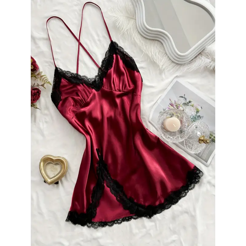 [Sexy Nightgown] 100% Polyester Women's Sexy V-Neck Slip Nightgown - All-Season Lace Trim Sleeveless Sleep Dress, Solid Color, Woven Fabric, 90 gsm - Perfect Valentine's Day Gift
