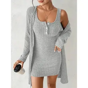 Autumn Winter Sexy Slim Fit Plain Color Vest Dress Two-Piece Set, Elegant Women's Fashion, Comfortable & Stylish