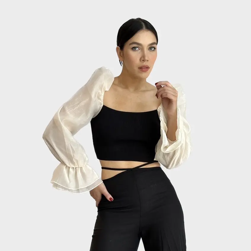 Pearlescent Noir Shoulder Structure Top Fashion Shirts Organza Womenswear Crop Elegance