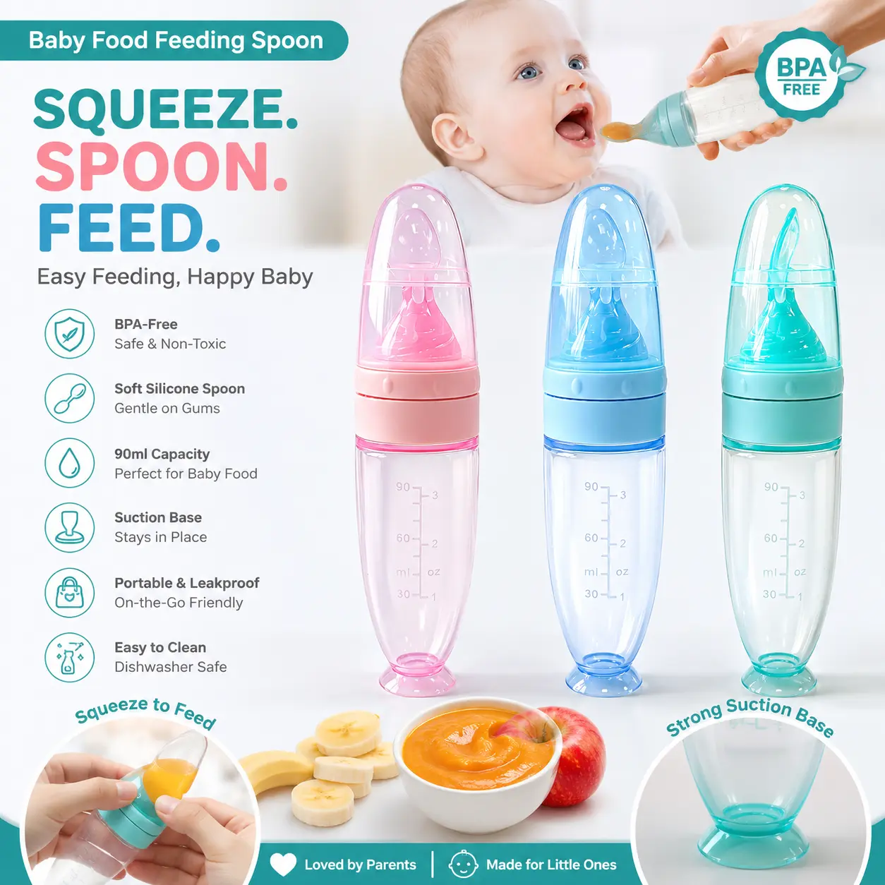YRUIZEUP 90mL Silicone Baby Food Dispenser - On-the-Go, Spill-Free Baby Utensil with Spoon, Standing Sucker Base, Durable Tableware for Infants' Feeding Needs, On-The-Go Baby Utensils, Spill-Free Baby Utensils