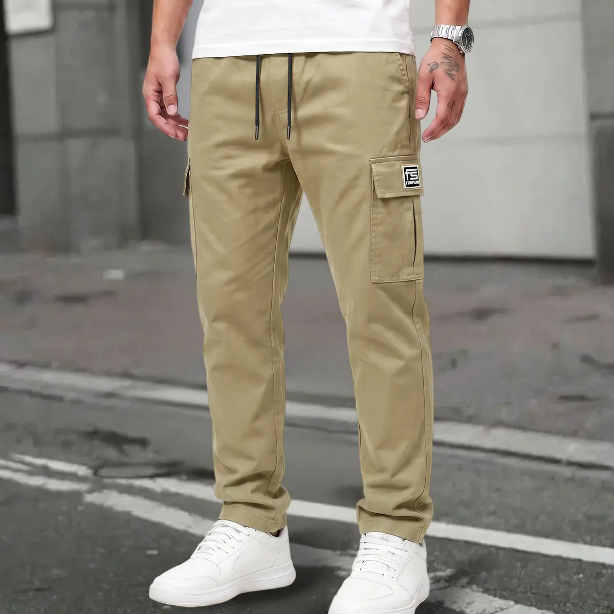 Men's Baggy Drawstring Tool Pocket Cargo Pants, Unisex Oversized Patch Pockets, Back Flap, Lightweight Wrinkle-Resistant Polyester Blend, Loose Tapered Fit Drawstring Waist, for Outdoors Hiking-Travel, Cargo Look, Baggy Drawstring Tool Pocket Men's Pants