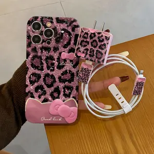 Fashion Leopard-print Pattern Phone Case with Charger Head Cover & Cable Protector & Storage Rope, Anti-drop Phone Case for iPhone, Casing