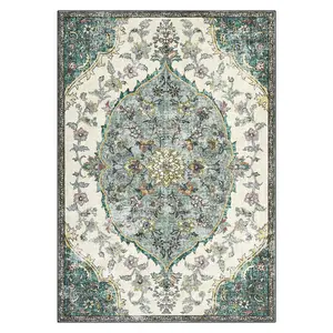 10x13 ft Rectangular Low Pile Polyester Cashmere Imitation Green Floral Print Persian Area Rug, Foldable with Washable Surface, for Hallway, Bathroom
