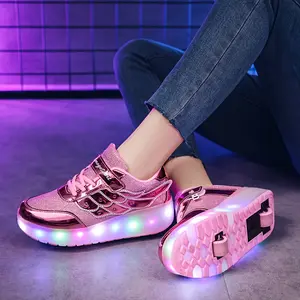 New Youth Student Youngsters Girls Trendy Breathable Two-Wheel Running Shoes LED Light-Up Sports Shoes Skating Shoes Outdoor Sports Roller Shoes for Girls