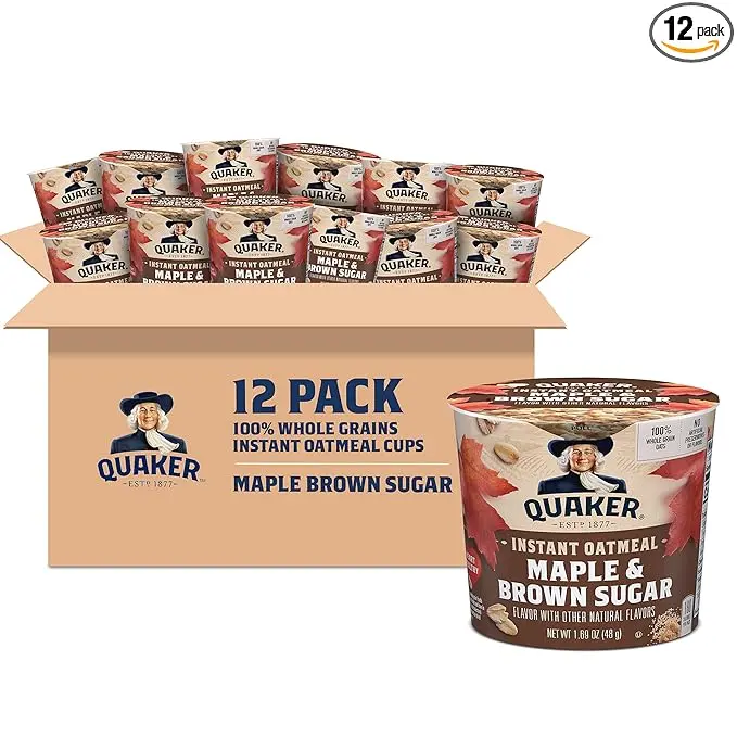 Quaker Instant Oatmeal Express Cups, Maple & Brown Sugar, 12 Count, Whole Grain Oats, Single Serve Breakfast Cups, Vegetarian, Quick & Easy