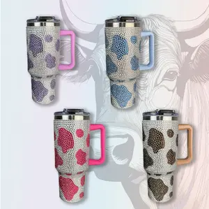 1 PACK, 40oz Tumbler, Cow Pattern Rhinestone, Stainless Steel, Vacuum Insulation, Thermal Insulation
