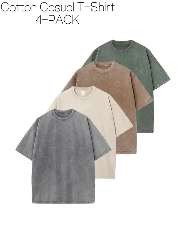Distressed Washed Cotton 4-Pack Tees Breathable Sports Couples Plain Short Sleeve Black Cream Brown Blue Basic Oversized Tops Running Training Couple Matching Daily Wear,clothes for back to school,first day of school outfits