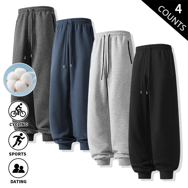 4-Pack Men’s Thick Cotton French Terry Joggers, Fall/Winter Warm Fleece Joggers with Cuffed Pants Legs and Zipper Pockets, Loose, Soft Drawstring Casual Sport Pants for Cycling, Workouts, and Everyday Dates