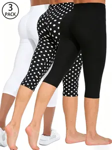 3-Pack Polka Dot & Solid Color Seven-Eighths Bottoms, High Elasticity, Sporty Style, Comfortable & Practical, Perfect for Daily Wear