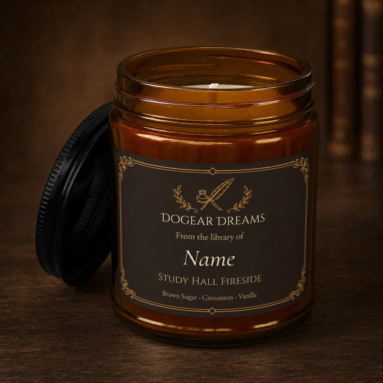 Personalized Dark Academia Candle | Custom Name Soy Candle | Study Hall Fireside Scent | Bookish Gift for Readers | From the Library of