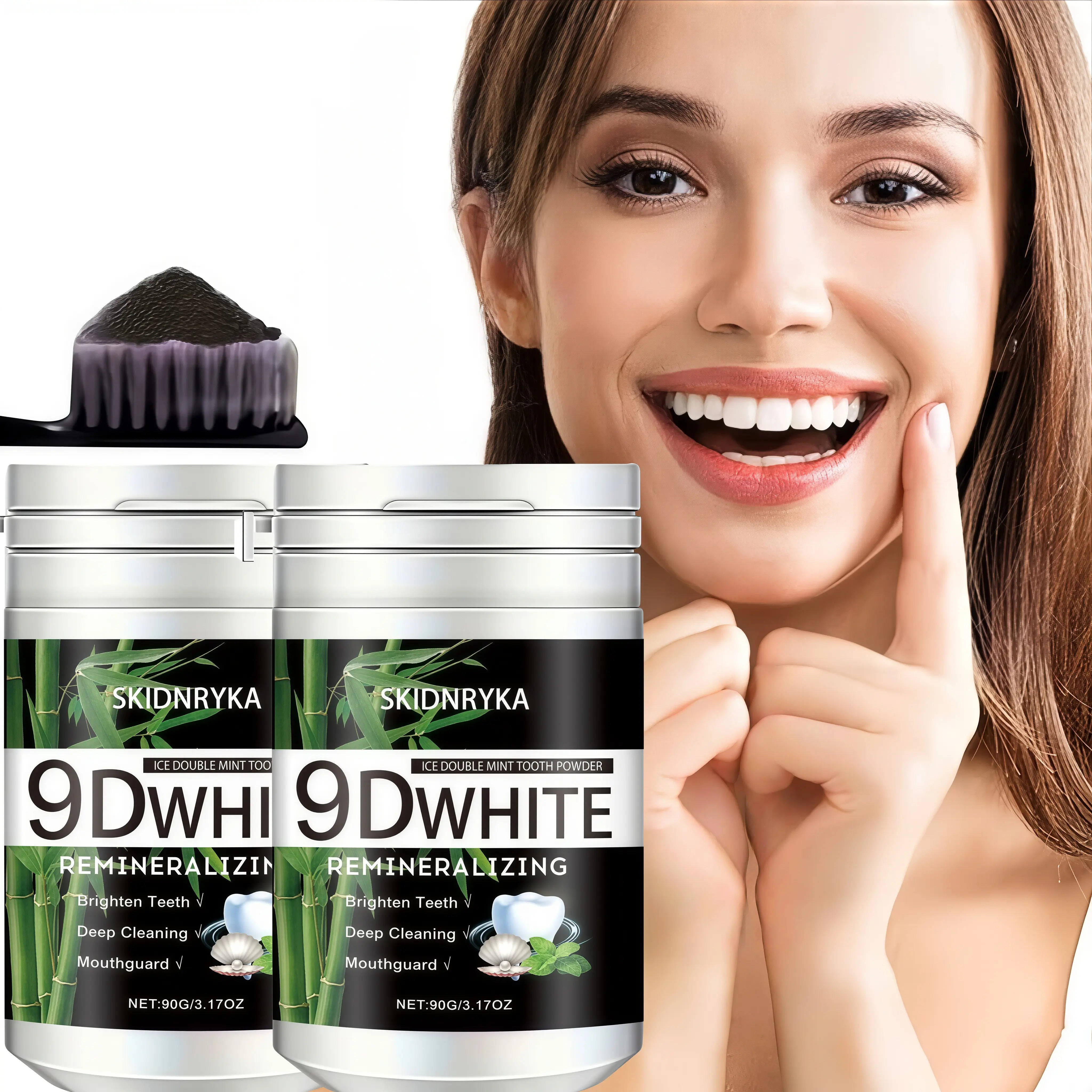 9D bamboo charcoal tooth powder for deep oral cleaning and teeth whitening; keeps breath fresh and brings a radiant smile. Suitable for daily and travel oral care—an essential for oral hygiene, supports dental health, and is suitable for everyone.