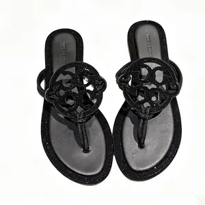 Women's Black Rhinestone Thong Sandals, Sparkling Crystal Embellished Flat Flip Flops, Glam Round Cutout Design, Comfortable Non-Slip Summer Beach Slippers, Stylish Casual Dressy Footwear for Vacation Daily Wear Night Out, Bling Open Toe Sa