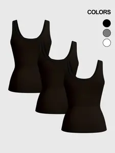 Women's Plus Size Summer Square Neck Sleeveless Vest Set, Minimalist Bodycon Tank, Soft Elastic Comfortable Casual Fashion Design, Wide Shoulder Straps, Daily Wear, Womenswear