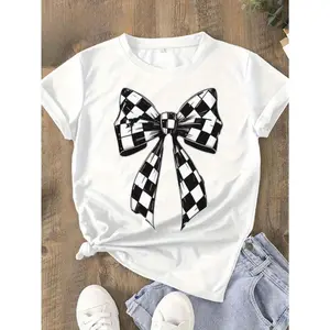 Women's 100% Cotton Round Neck T-Shirt - Black Casual Short Sleeve Tee with White Checkered Bow Print, Machine Washable Spring Summer Fall Top for Mother's Day, Memorial Day, Juneteenth