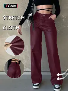 Y2K Style PU Leather Loose Fit Straight Leg Trousers, High-Waisted Button Plain Design for Everyday & Outdoor Use, Comfortable Women's Bottoms for All Seasons