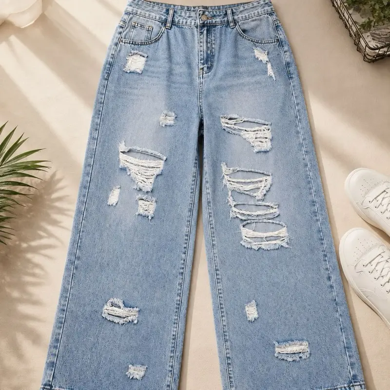 Women’s High-Waisted Light Wash Distressed Wide Leg Denim Jeans - Casual Loose-Fit Bottoms
