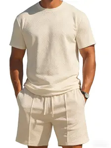 Men's Diamond Texture Short Sleeve Set, Summer Round Neck T-Shirt & Elastic Waist Shorts, Casual Two-Piece, Loose Fit