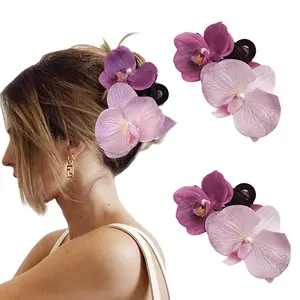 Large Flower Hair Clips 2Pcs Purple Orchid Hair Claw for Teens Women Hawaiian Summer Glitter Butterfly Clip Headpiece Hair Accessories