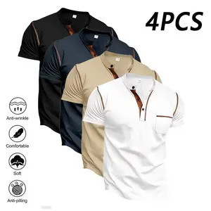 Men’s 4-pack new color-block polo shirts featuring a turn-down collar and jacquard texture, made from soft, breathable fabric—ideal for outdoor leisure and business wear. Polo/golf shirts suitable for vacations and professional occasions; an everyday casu