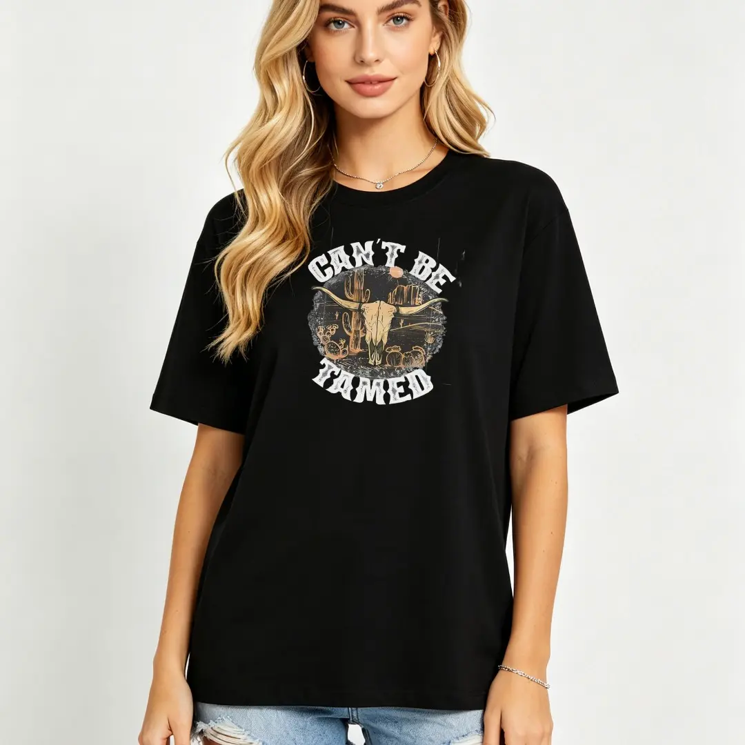 Women's Classic Fit Western T-Shirt with a "Can't Be Tamed" Cartoon Digital Print, Short Sleeve Cotton Crew Neck
