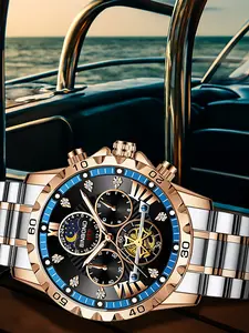 A men's high-end steel strap moon phase multi-functional business leisure quartz wristwatch Analog Watch
