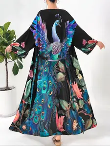 Women's Floral & Peacock Print Cover Up Dress, Casual V Neck Belted Cover Up Dress for Beach Holiday Vacation, Ladies Clothes for All Seasons