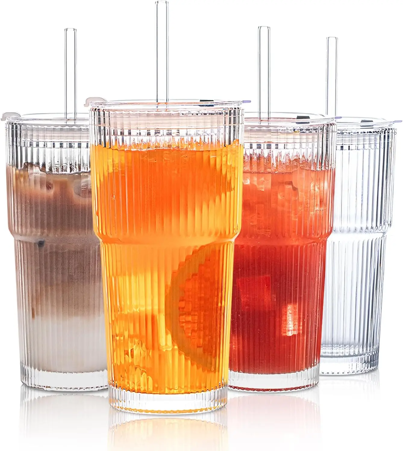 DWTS DANWEITESI 18oz Vertical Stripes Glass Coffee Cups with Lid & Straw Set of 4 Premium Thickened Glass for Iced Coffees Cocktails Juices Family Use