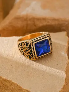1pc Stainless Steel Inlaid Cubic Zirconia Retro Gothic Business Square Gemstone Men's Ring Gift Jewelry Geometric Design Ring