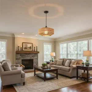 11.79 Inch Woven Hanging Light Fixture, Natural Simple Design, E27 Socket Handcrafted, Coastal Style Lighting for Dining Room & More