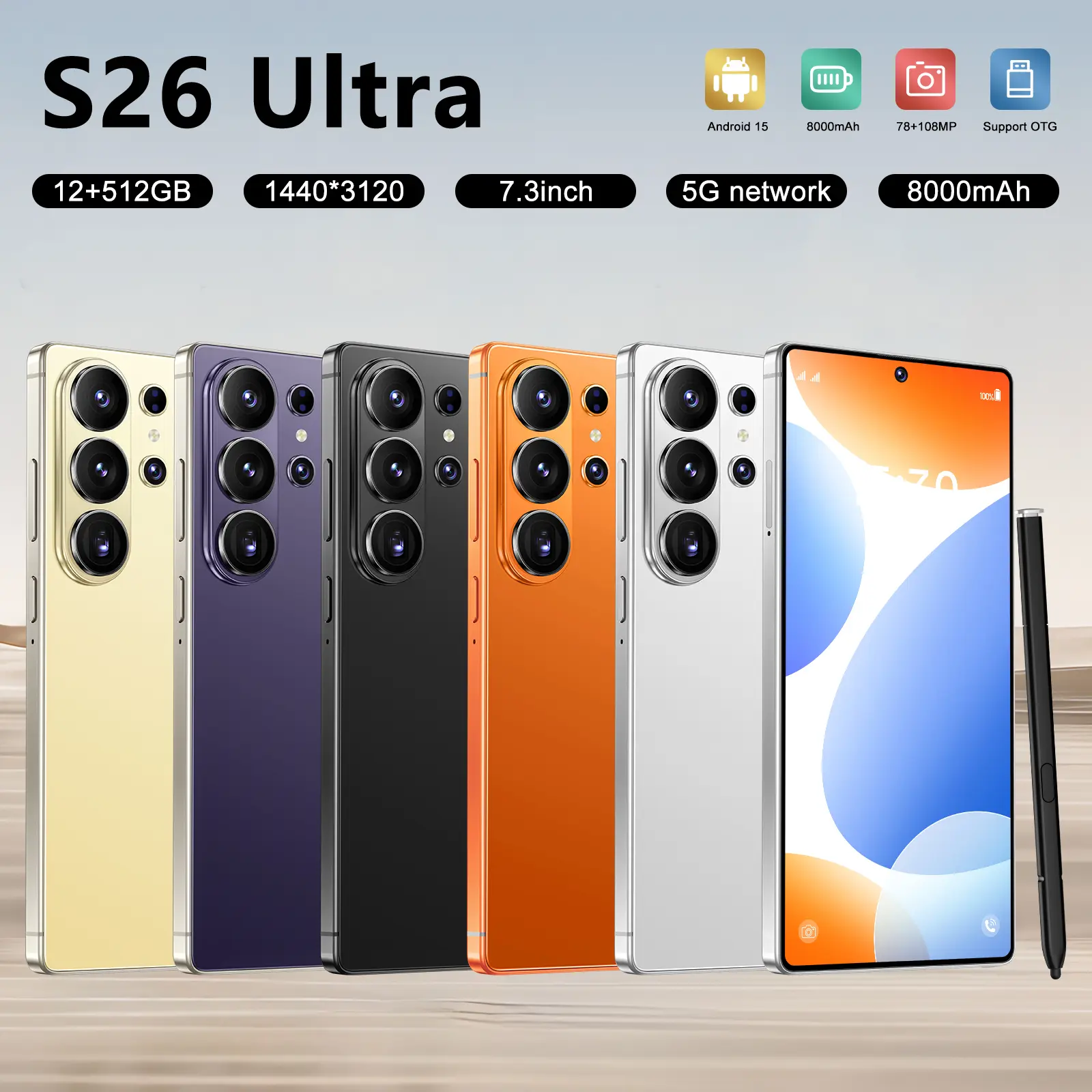 2026 New S26 Ultra 5G Android 15 Phone, 12GB+512GB, 6.99" HD Screen, 78MP+108MP Cam, 8000mAh, Stylus & Case, Perfect Holiday/Birthday Gift