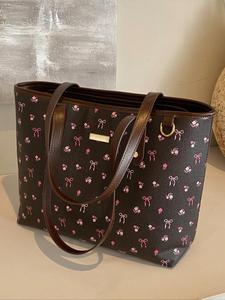 women's elegant ditsy floral bow pattern pu leather vintage tote bag, gifts for girlfriend, bow purse, large capacity handbag for daily used, casual trendy versatile high-quality daily commuting bag, shopper handbag, everyday bags, ladies purse