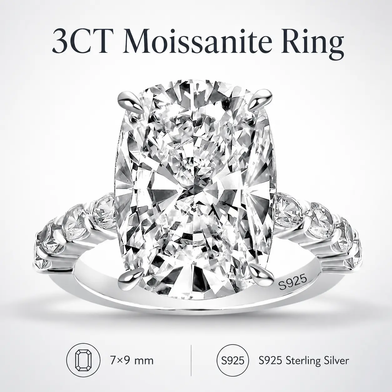 3CT Elongated Cushion Cut Moissanite Engagement Ring, S925 Sterling Silver Gold Plated, D Color VVS1 Promise Ring for Women ray engagement ring