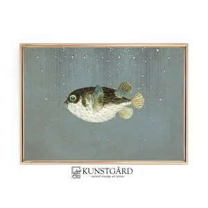 Green Bathroom Wall Decor, Sage Green Puffer Fish Wall Art, Japandi Style Horizontal Modern Bathroom, 5 Size, 8x12 to 27x40 inch, Unframed, Room Decor