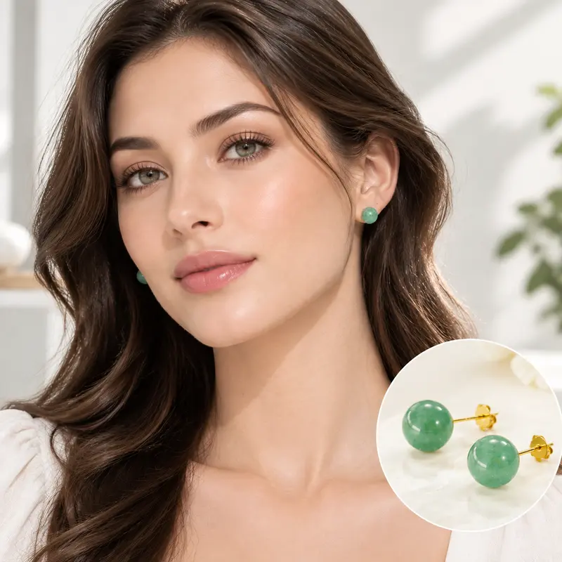 SmileBelle 925 Sterling Silver Hypoallergenic Earrings for Women - 10mm Gold-Plated Natural Turquoise Jade, Set of 2, Sensitive Skin-Friendly Fashion Accessories Adults Female, Perfect Gift for Mother's Day & Birthday