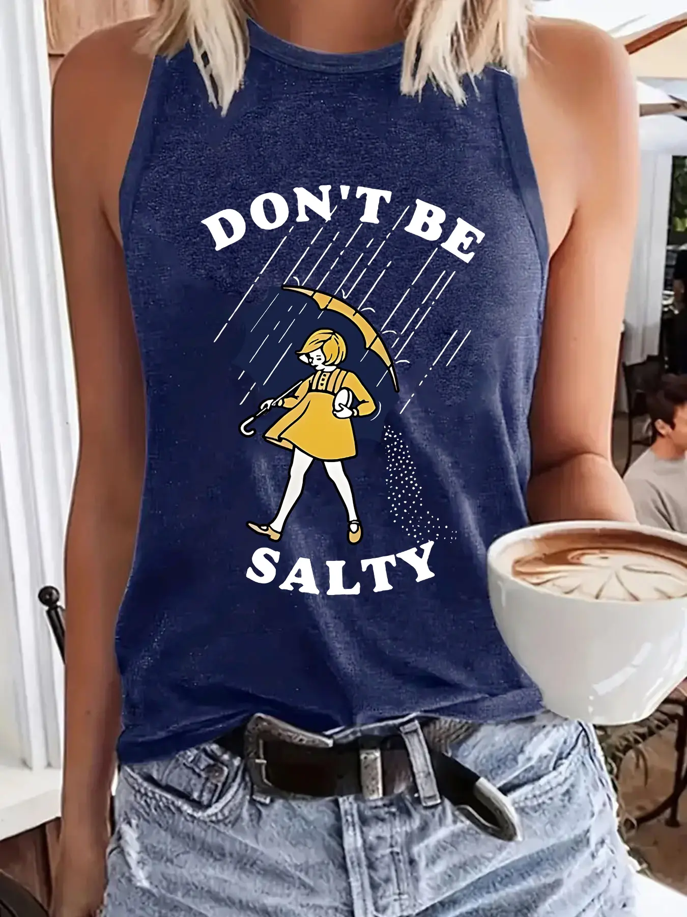 Umbrella Girl Print Casual Beach Tank Top, Summer Casual Boho Sleeveless Round Neck Vest, Women's Loose-Fitting Sleeveless Graphic Top, Fashionable Ladies' Clothing, Womenswear