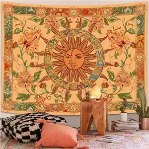 Boho Sun and Moon tapestry; floral yellow Sun Goddess wall hanging; large bohemian sunflower tapestry for bedroom decor; yellow sun–moon tapestry boho floral wall hanging; large celestial Sun Goddess bohemian aesthetic decor for bedroom and living room